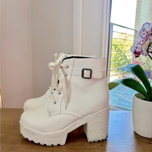 Chunky White Platform Ankle Boots, White Chunky Heels, Size Women 7